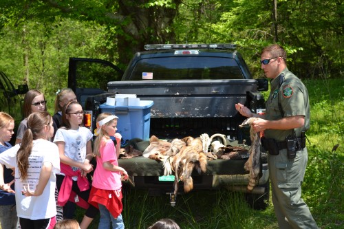 Park ranger discussing pelts with Fourth Graders